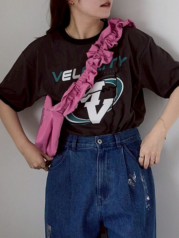 美式復古印花木耳捲邊分線造型短袖T恤(0F000818710) - ehka sopo