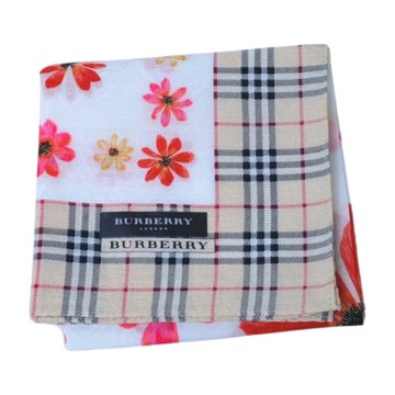 BURBERRY 優雅格紋滾邊繽紛花朵字母LOGO帕領巾(白底/51CM)