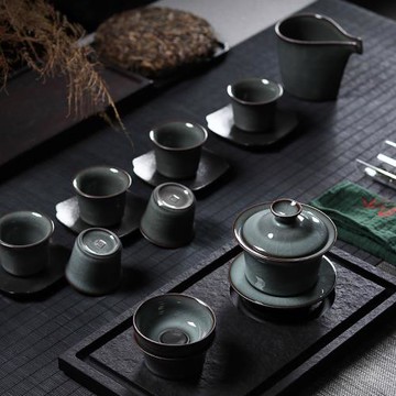 青瓷三才蓋碗茶杯功夫茶具套裝手工復古哥窯冰裂龍泉陶瓷泡茶家用