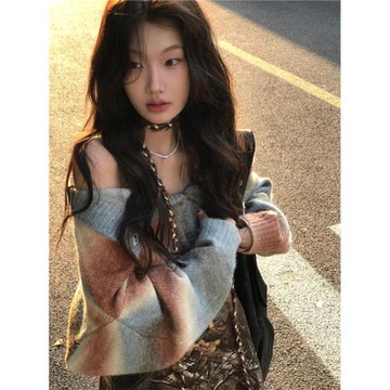 Turn up/陳腿兒 漸變條紋一字肩針織開衫女慵懶風辣妹兩穿毛衣ins