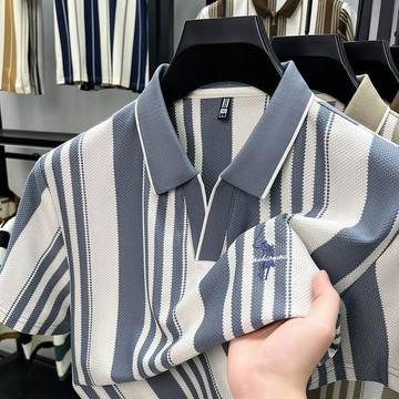 【夏季新品】夏季新款POLO休閒翻領條紋短袖T恤百搭潮流男士上衣刺繡半袖 寬鬆休閒 上衣男裝 翻領男上衣 夏季短袖 T恤