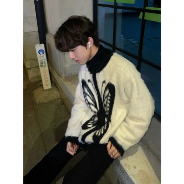 新款仿貂毛百搭休閒毛衣男冬季新款潮流寬鬆情侶針織衫男