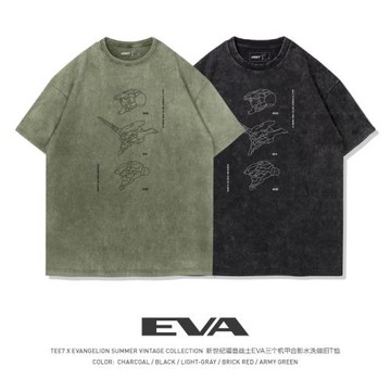 TEE7-日漫eva頭像極簡水洗做舊圓領短袖T恤美式復古重磅純棉寬松