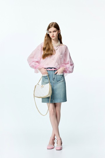 綴珠花邊牛仔中長裙