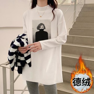 大碼寬松中長款內搭打底衫加絨加厚白色長袖t恤女衛衣疊穿白T秋冬