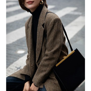 【英倫高級感】羊毛呢西裝 西裝外套 呢子外套 小香風外套 小個子外套 人字紋肌理 秋冬新款 通勤休閒兩穿 顯瘦百搭