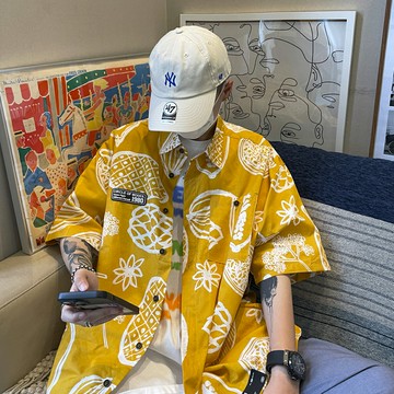 襯衫 涂鴉花短袖 男潮流外套 夏季大碼美式古巴領沙灘襯衣【不二雜貨】