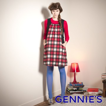 Gennies奇妮 格紋拼接羊毛秋冬背心洋裝-紅/黑(G2421)