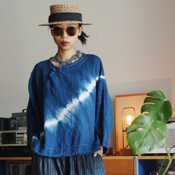 盤扣毛邊款 長袖中式襯衣 手工扎染環保植物藍染水洗亞麻上衣