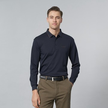 Pierre Cardin 男款 棉質混紡素面薄長袖POLO衫-深藍色 (5245212-38)