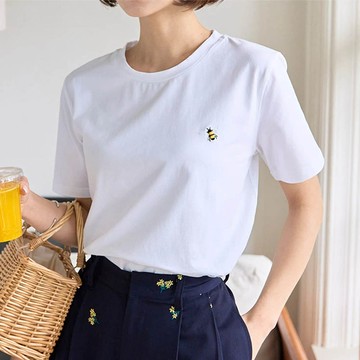 日本 Kobe Lettuce - 小亮點設計短袖上衣-白 (蜜蜂刺繡)