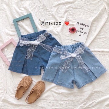 🦄🌈✨花瓣蕾絲緞帶牛仔褲✨兒童造型壓褶牛仔短褲 5-17