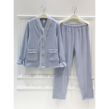 安之伴薄珊瑚絨睡衣秋冬季女款長袖加厚海島絨甜美青果領家居服女