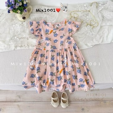 🌈✨mix1001薄 優美蘭花小兔洋裝✨兒童滿版兔兔小花洋裝5-17