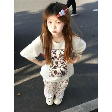 純棉白色短袖t恤女夏季2025新款寬松初中生小個子hellokitty上衣