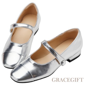 【Grace Gift】宇宙小姐拼接低跟瑪莉珍鞋 銀