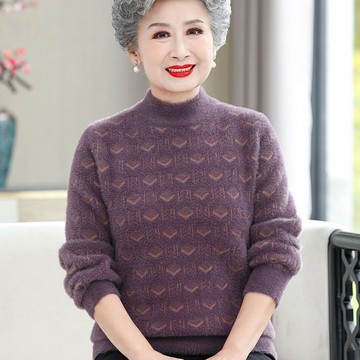 媽媽裝上衣 袖子上衣 毛衣 針織毛衣 保暖上衣內搭 奶奶裝秋冬裝半高領水貂絨毛衣洋氣老太太60到70歲媽媽短款羊毛衫