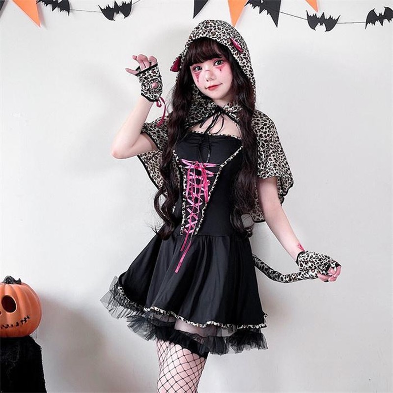 コスプレ ハロウィン衣装 黒猫 キャットガール ヒョウ柄 しっぼ付き