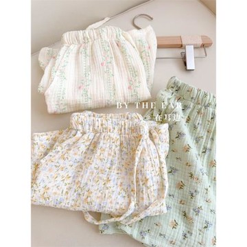 舒適甜美日系睡褲女士夏季純棉薄款雙層紗布沙灘褲短褲青年家居褲