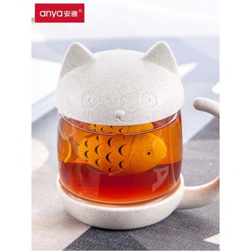 安雅可愛貓咪玻璃水杯子卡通馬克杯帶蓋少女網紅花茶杯過濾泡茶杯