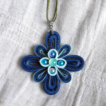 長版藍底淺藍四芯八瓣捲紙珠飾雅緻風項鍊