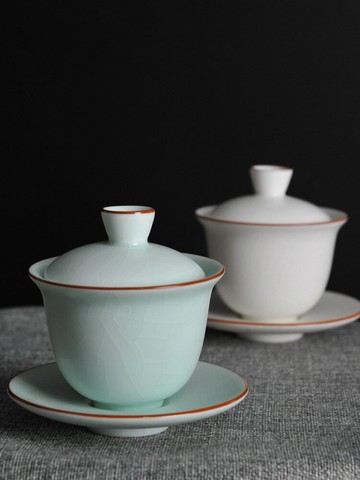 汝窯陶瓷三才蓋碗豆綠月白三才碗開片可養功夫茶泡茶碗手抓壺茶盞