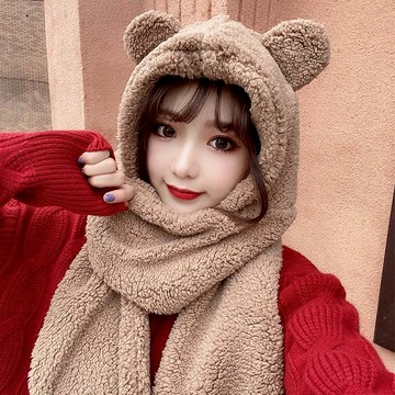 帽子圍巾手套一體女秋冬網紅ins新款保暖羊羔絨百搭可愛連帽連體
