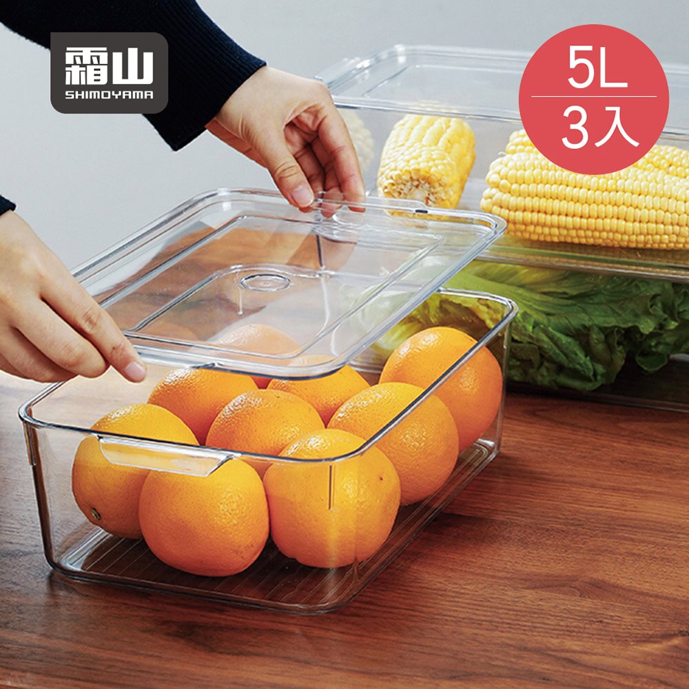 【日本霜山】廚房冰箱PET蔬果生鮮收納盒(附蓋)-5L-3入 (冰箱收納盒 保鮮盒 食品儲存盒 透明整理盒 水果蔬菜收納)