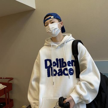 字母植絨連帽衛衣男春秋潮牌復古寬松運動服美式重磅oversize外套