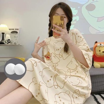 睡裙少女夏季短袖帶胸墊卡通寬松可愛2023年新款連衣裙家居裙睡衣