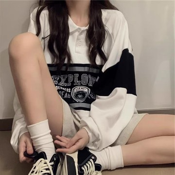 V06 CU🇰🇷現貨秒出🔥黑白美式復古🐼 撞色POLO領寬鬆百搭長袖衛衣/大學T