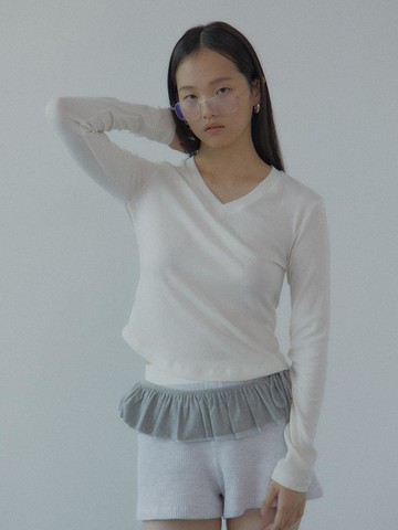 Wool V-neck Long Sleeve Daily Blouse [Ivory]