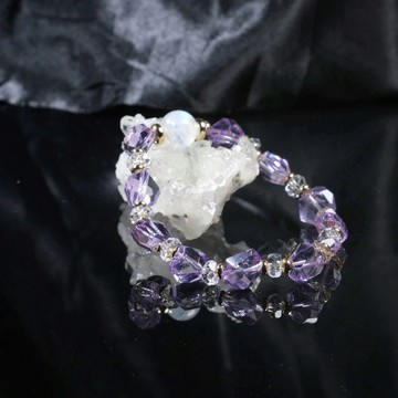 月光石多面切割冰透紫水晶白水晶14k包金能量礦石手鍊 智慧安睡