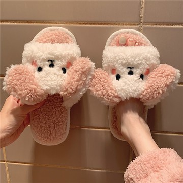 秋冬新款卡通保暖毛絨絨一字月子鞋室內用防滑軟底居家棉鞋女