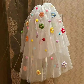 隔日💥Diy多巴胺頭紗領證登記彩色球頭飾新娘結婚蓬蓬可愛造型道具拍照