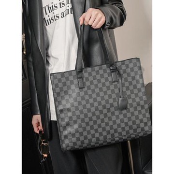 2025新款大容量格子圖案托特包韓版男包休閑時尚單肩包斜挎包大包