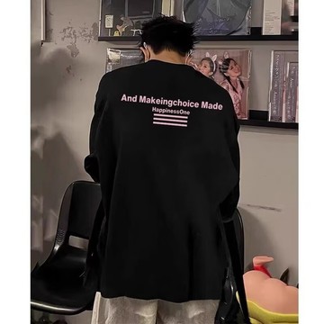 長袖t恤男 美式高街重磅t恤男 國潮寬松百搭T恤 情侶圓領印花短袖T恤 長袖打底衫男 素色百搭印花T恤 韓系長袖T恤男女