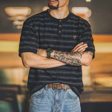 Wuluwear 美式復古亨利領條紋短袖T恤男夏季2026新款肌理刺繡休閒短袖上衣