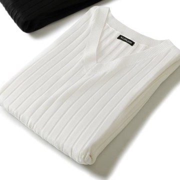 春秋季男士毛衣雞心領薄款針織衫 大碼白色修身V領休閑坑條打底衫