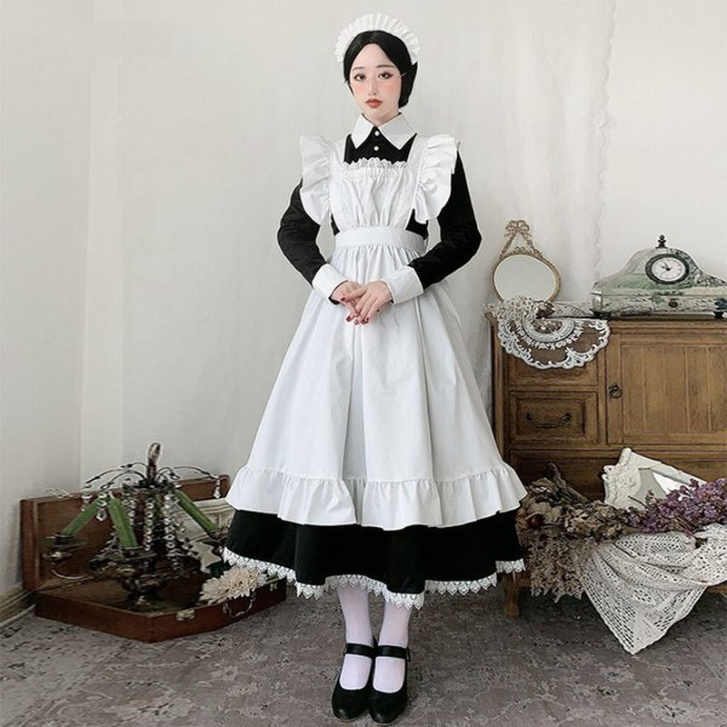 ロリータ メイド エプロン ワンピース 3点セット コスプレ メイドカフェ 制服 体型カバー ロング丈 清楚 エレガント レディース 長袖 半袖 通販 Lineポイント最大get Lineショッピング