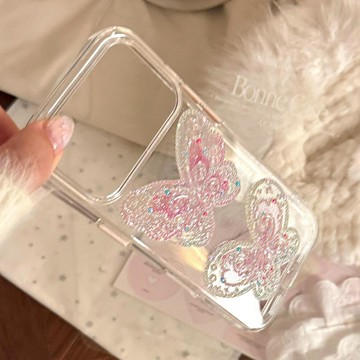 粉色油畫蝴蝶適用蘋果17promax手機殼iphone16透明閃粉15高顏值13