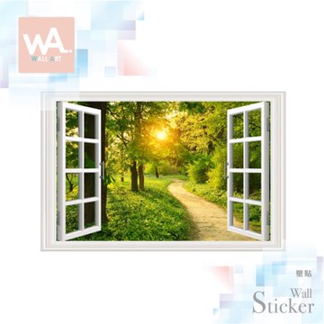 【WA Wall Art】無痕設計時尚壁貼 3D立體 窗景 窗框 森林 樹林 曙光 不傷牆 自黏防水貼紙 82050