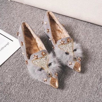 網紅尖頭毛毛鞋女加絨外穿高跟鞋女冬2023秋冬新款水鉆單鞋女粗跟