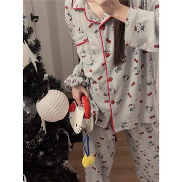 灰色kitty貓咪德絨睡衣女長袖長褲可愛卡通秋冬季保暖家居服套裝