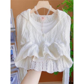 十三行韓版薄款鏤空連帽針織罩衫女夏季白色防曬開衫配背心兩件套