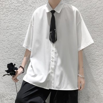 白色短袖襯衫男高級感潮牌韓版修身襯衣外套夏季薄款透氣學生上衣
