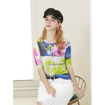 夏款女裝2025年新款圓領t恤中袖印花網紗上衣修身打底衫時尚小衫