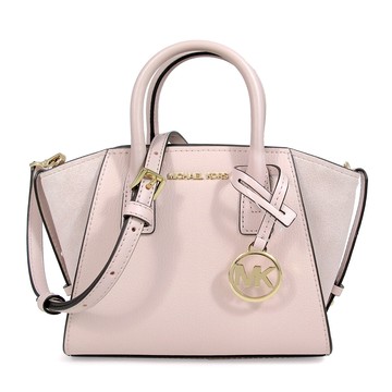 MICHAEL KORS AVRIL 金字LOGO裸膚粉色鵝卵石紋皮革拼接麂皮小水餃兩用包(小款)