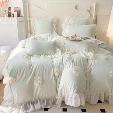 仙女風！美式浪漫少女立體盤花雪紡花邊四件套公主親膚糯小棉床單