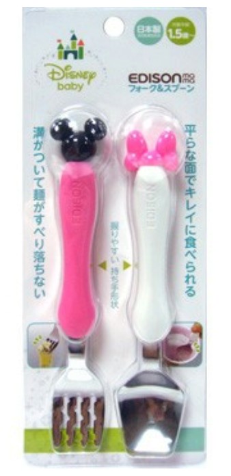 日本迪士尼EDISON阿卡將阿卡醬米奇小手米妮蝴蝶結幼兒兒童離乳學習餐具不鏽鋼湯匙叉子組-日本製-現貨